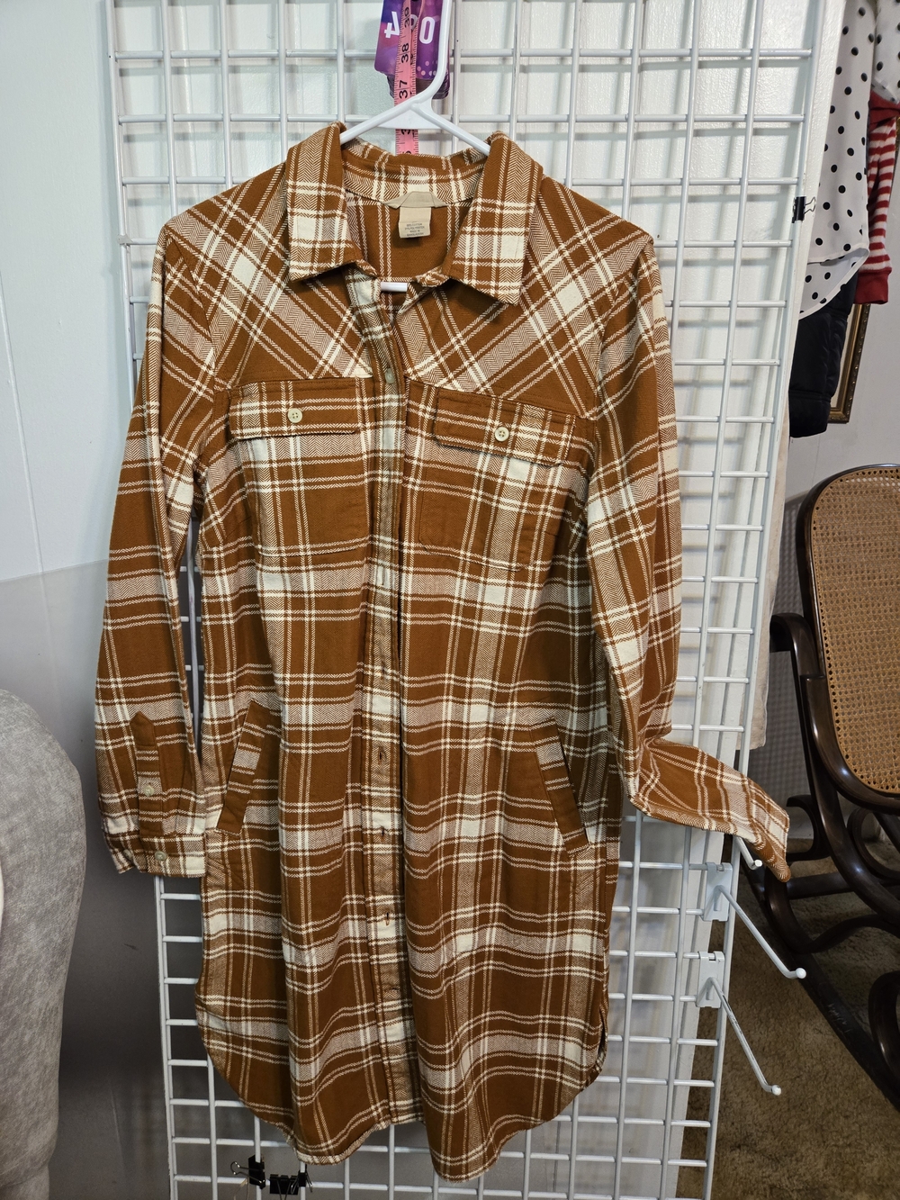 Duluth Trading Co Brown and Cream Plaid Jean Jacket